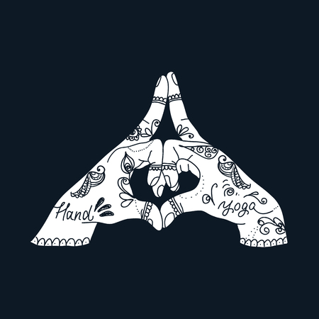 Element yoga kalesvara mudra hands with mehendi pattern. Vector illustration for a yoga studio, tattoo, spa, postcards, souvenirs.のイラスト素材