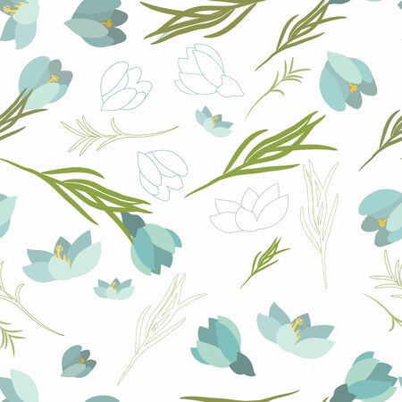 Seamless floral pattern with crocus flowers in the flat and a sketch style. Outline style illustration.のイラスト素材
