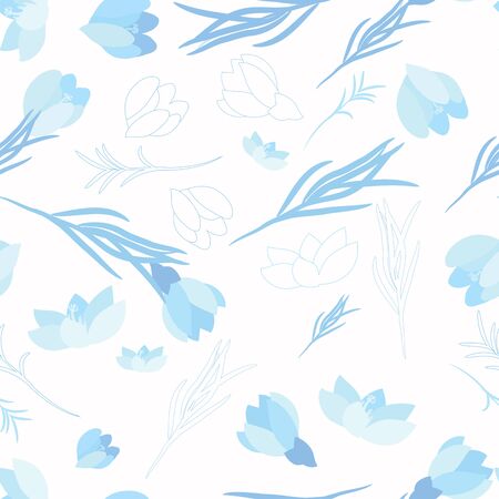 Seamless floral pattern with crocus flowers in the flat and a sketch style. Outline style illustration.のイラスト素材