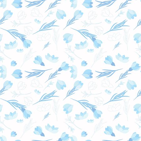 Seamless floral pattern with crocus flowers in the flat and a sketch style. Outline style illustration.のイラスト素材