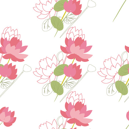 Seamless floral pattern with lotus flowers in the flat and a sketch style. Outline style illustration.のイラスト素材