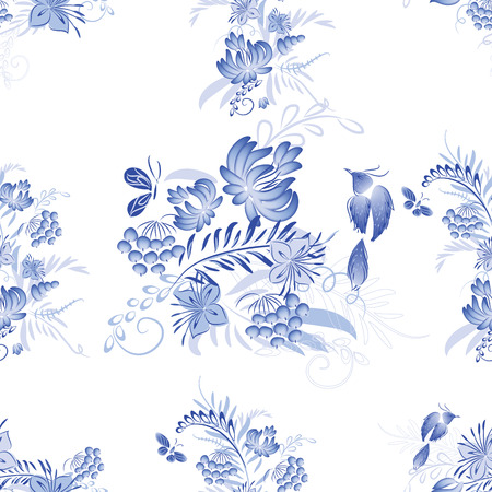 Set of blue watercolor flowers and bird with watercolor roses, crystals and butterflies in the bohemian style, decoration flower botanical collections. Traditional Russian style Gzhel.のイラスト素材