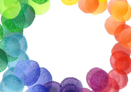 Handmade watercolor texture colorful paint drops color wheel. Isolated watercolor rainbow spectrum spot.の写真素材