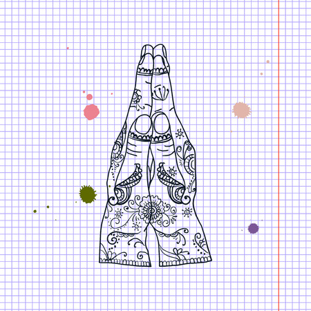 Element yoga mudra hands namaste with mehndi patterns. Vector illustration. Indian traditional lifestyle.のイラスト素材