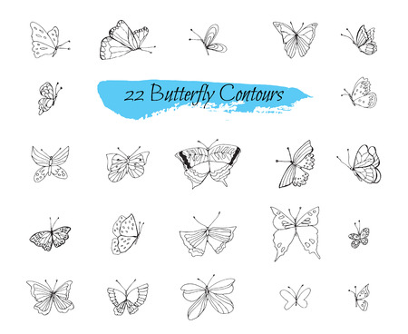 A collection of handmade sketches with butterflies. Monochrome image of flying and sitting butterflies. Black and white elements for coloring. Vector illustration.のイラスト素材