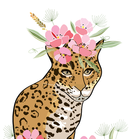 Retro style Illustration with flowers and animalのイラスト素材