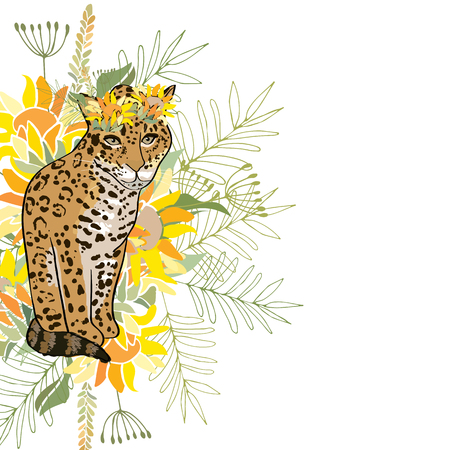 Retro style Illustration with flowers and animalのイラスト素材