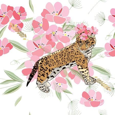 Retro style Illustration with flowers and animalのイラスト素材