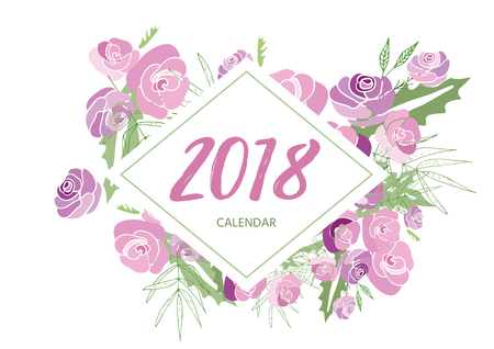 Vintage floral calendar 2018 with bouquet of flowers. Vector illustration.のイラスト素材