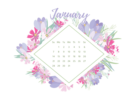 Vintage floral calendar 2018 with bouquet of flowers. Vector illustration.のイラスト素材