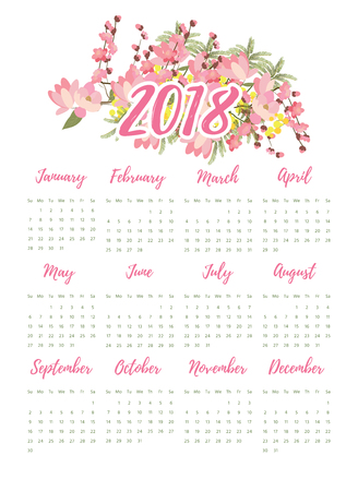 Printable 2018 Calendar with pretty colorful flowersのイラスト素材