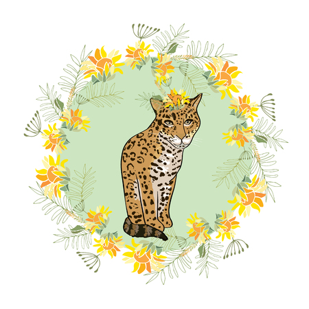 Retro style Illustration with flowers and animalのイラスト素材