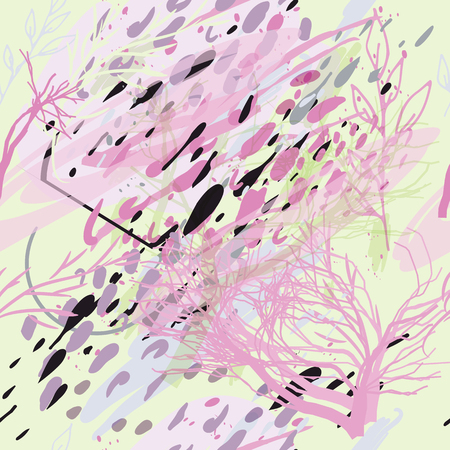 Military camouflage texture with trees, branches, grass and watercolor stains. Vector illustration. Camouflage military background in modern style.のイラスト素材