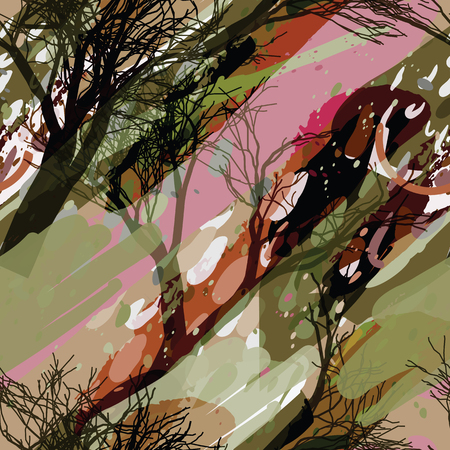 Military camouflage texture with trees, branches, grass and watercolor stains. Vector illustration. Camouflage military background in modern style.のイラスト素材