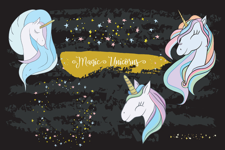 Set of Cute Cartoon Unicorns isolated on a white backgroundのイラスト素材