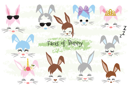 Happy Easter Bunny face Clipart brown, gray, blue, pink, purple, violet bunny animal hipster Unicorn Little Mister Miss. Easter giftのイラスト素材