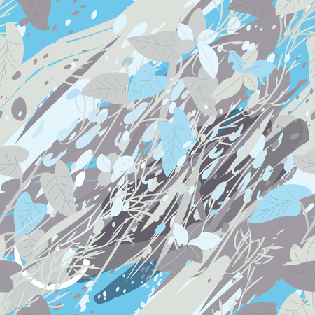 Military camouflage texture with trees, branches, grass and watercolor stains. Vector illustration. Camouflage military background in modern style.のイラスト素材