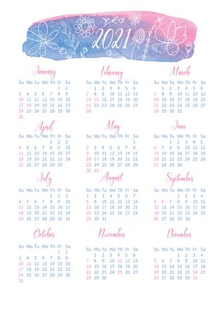 Calendar With Flowers And Watercolor Pink-blue Stain For 2021のイラスト素材