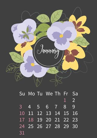Flower Calendar 2021 with bouquets of flowersのイラスト素材