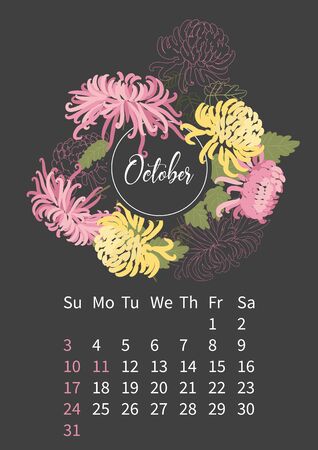 Flower Calendar 2021 with bouquets of flowers. Vector illustrationのイラスト素材
