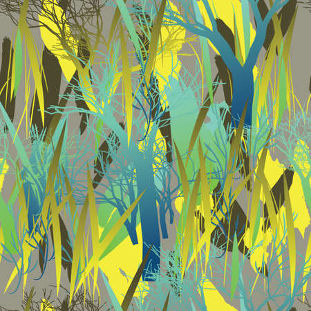 Military camouflage texture with trees, branches, grass and watercolor stainsのイラスト素材