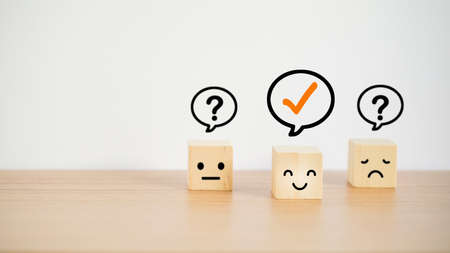 correct sign over the happy face icon on wood cube with blurred othersの写真素材
