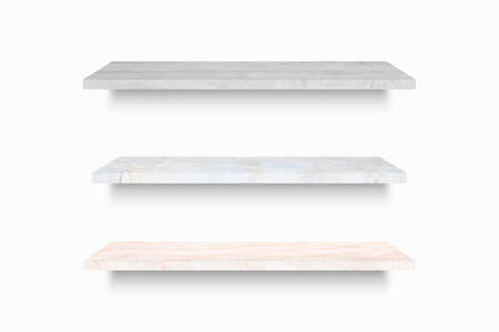 perspective of marble shelf isolated on white background included clipping path for interior and display show productsの写真素材