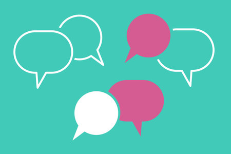 blank speech bubbles, thinking balloon set, pink and white, on green background Conceptual image about communication and social media, customer feedbackのイラスト素材