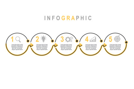 Infographic template for business plan ,strategy, roadmap. 5 Steps Modern Timeline diagram,  creative yellow minimal circle style, presentation vector infographicsのイラスト素材