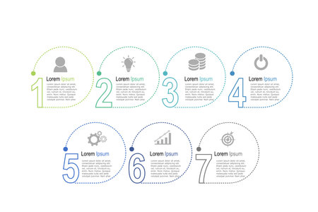 infographic elements  template, business concept with, 7 steps,  multi color circle shape design for workflow layout, diagram, annual report, web design.Creative banner, label vectorのイラスト素材