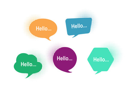 Multicolored communication speech bubbles on white background with hello text. For correspondence, customer feedback, message, online, idea conceptのイラスト素材
