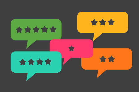 star rating inside multi color speech bubble on black background. For customer Feedback, Review, and rate, evaluate concept, Vector designのイラスト素材