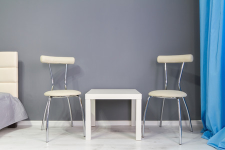 Interior of bedroom. Modern minimalism style bedroom interior in monochrome tonesの写真素材