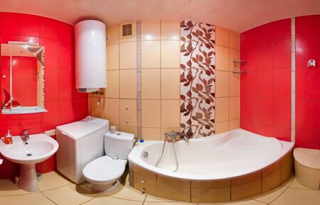 Modern house, red bathroom interior. Panorama roomの写真素材