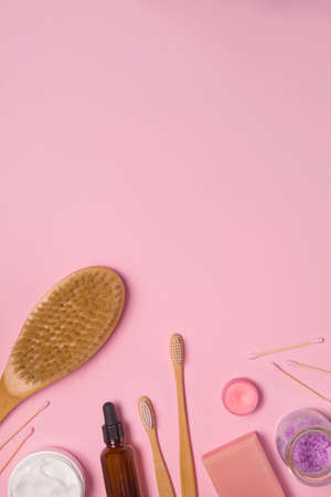 Zero waste organic cosmetics and eco materials for homemade spa on pink background. Skin care product. Eco cosmetic. Healthy lifestyle background. Flat lay. Top view. With copy spaceの写真素材