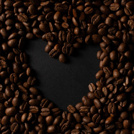 Fresh roasted coffee beans closeup on black stone background. Place for text in the shape of a heart. Top view, flat lay with copy spaceの写真素材