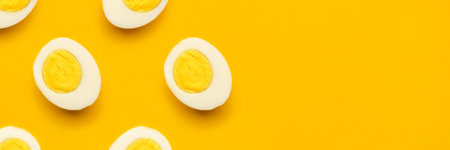 Banner with fresh chicken boiled half cut eggs pattern on yellow background. Healthy food or Happy Easter creative minimal concept. Flat lay, top viewの写真素材