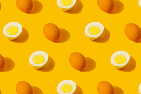 Farm chicken fresh and boiled half cut eggs pattern on yellow background. Healthy food or Happy Easter creative minimal concept. Flat lay, top viewの写真素材