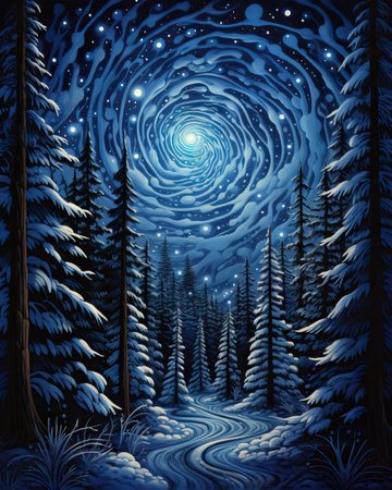 Coniferous forest glade with plants and trees at night. Many stars at the sky, starry night. Magic winter landscape. Snowy background for Christmas card, poster or print designの素材