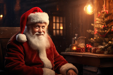 Happy good old Santa Claus on festive blurred background. Magic at night. Christmas and New Year concept. Winter sale and discount card, banner, flyer, poster with copy spaceの素材