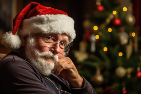 Cool positive senior man with gray hair wearing Santa Claus red hat on blurred festive background with Christmas tree. Home at Christmas time. Greeting card or bannerの素材