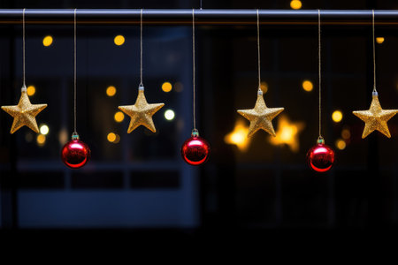 Stylish festive garland string with golden stars and red bubbles hanging in window, night blurred city on background. Scandinavian decorations. Christmas or New Year timeの素材