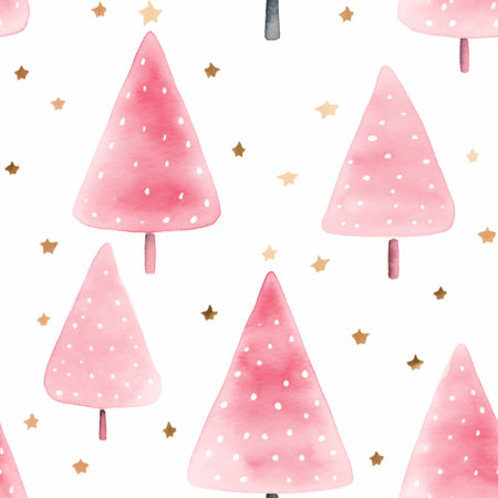 Watercolor seamless pattern of pink spruce forest on white background. Coniferous forest illustration. Fir or pine trees for Christmas designの素材