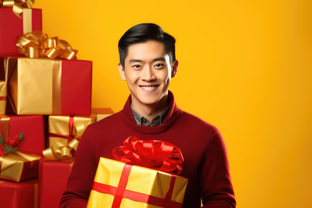Cheerful young Asian man holding many present boxes with on yellow background. Black Friday sale and Boxing day. Gift for woman and Valentine day. Christmas and Chinese New Yearの素材