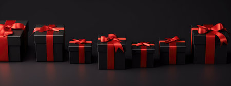 Stylish gift boxes with red ribbon and bow on dark background. Black Friday sale and Boxing day concept with copy space. Present for Christmas, birthday and holidaysの素材