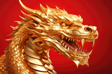 Golden Chinese Dragon on red background.の素材