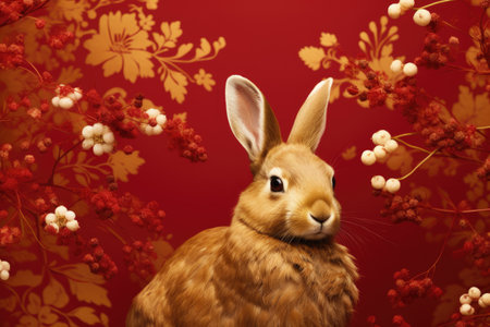 Chinese new year, year of the rabbit. Brown rabbit and flowers on red background with Asian elements. Zodiac sign for greeting card, invitation, poster, brochure, calendar, flyerの素材