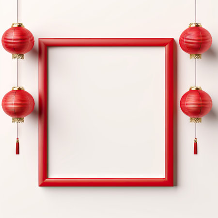 Red Asian lantern lamp with empty frame for your design on white background. Happy Chinese New Year background template. Greeting card, banner, posterの素材