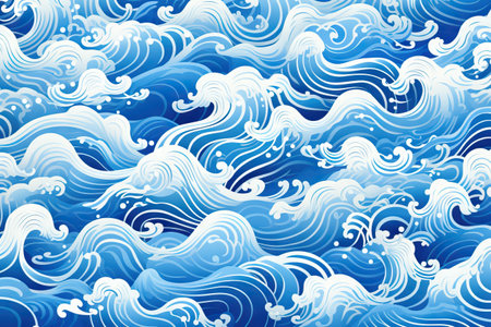 Japanese curl wave line pattern. Blue and white water wave, nautical sea tides. Abstract ocean waves background. Traditional oriental styleの素材