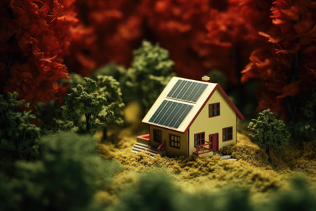 Beautiful country house with solar panels. Photovoltaic panels on house roof. Alternative electricity source, green energy for home. Concept of sustainable resourcesの素材